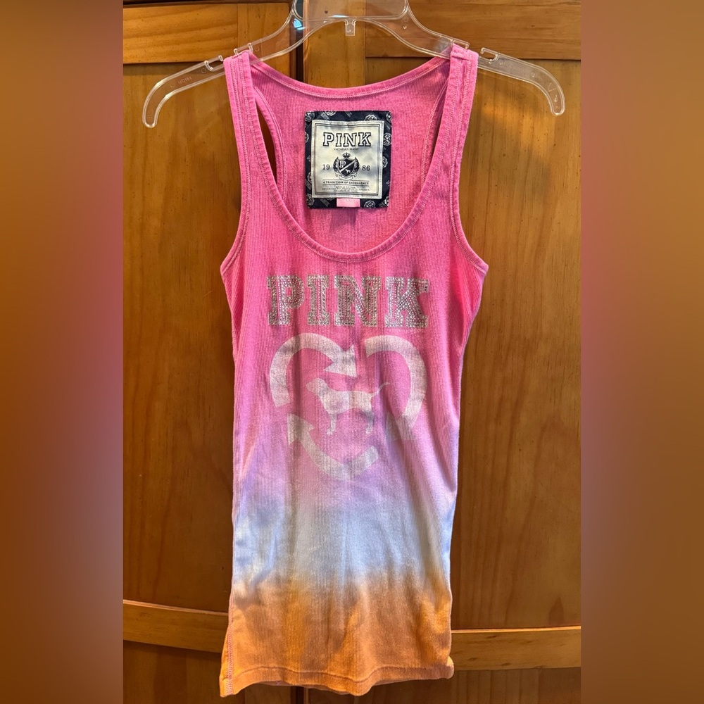 Pink by Victoria’s Secret Pink & Orange Ombré Scoop Tank Silver Logo Bead Detail - Picture 3 of 9